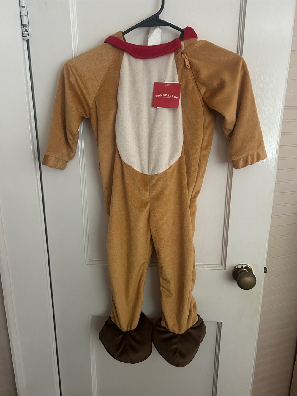 Wondershop Brown reindeer  Plush Animal Jumpsuit with Cream Belly and Red Collar